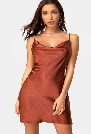 Elegant  Dark Rust Satin Slip Dress