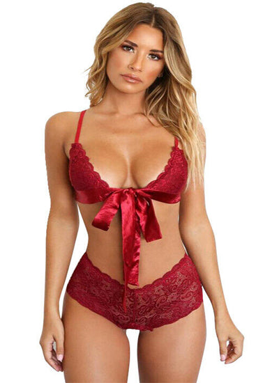Red Floral Lace Non Padded Bralette Set